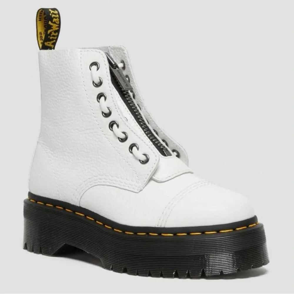 Dr. Martens White Leather Platform Zip Ankle Boots with Yellow Stitching